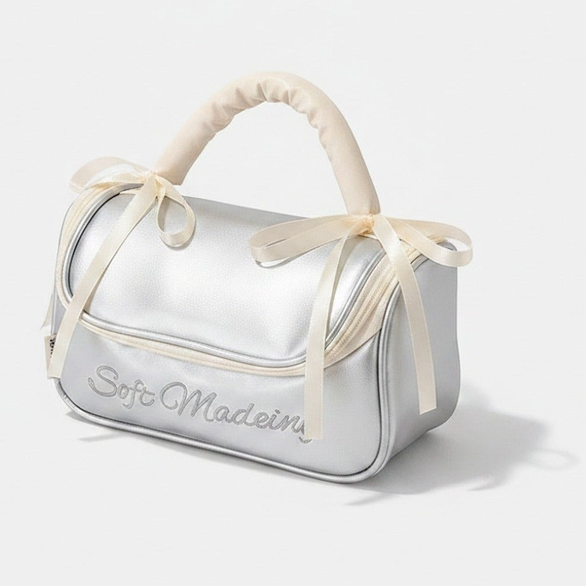 Soft Madeing Bow Handle Cosmetic Bag - Soft Silver