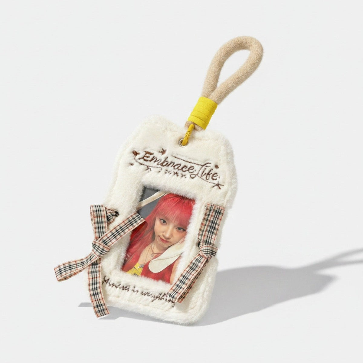 Fuzzy Photo Frame Keychain with Ribbons - White Fuzzy Card Holder with Ribbon – tech (view 1)