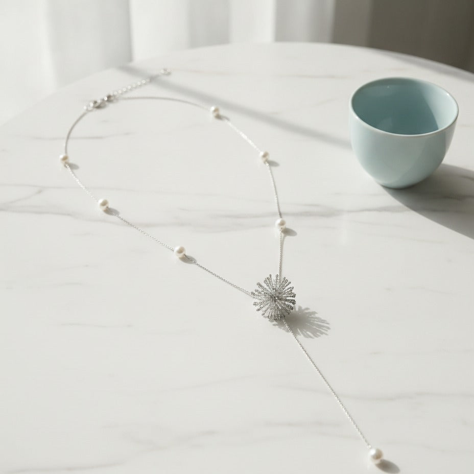 Starburst Pearl Lariat Necklace - Silver