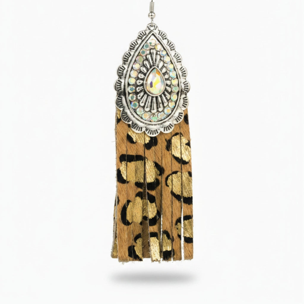 Ornate Tassel Dangle Earrings - Leopard Print