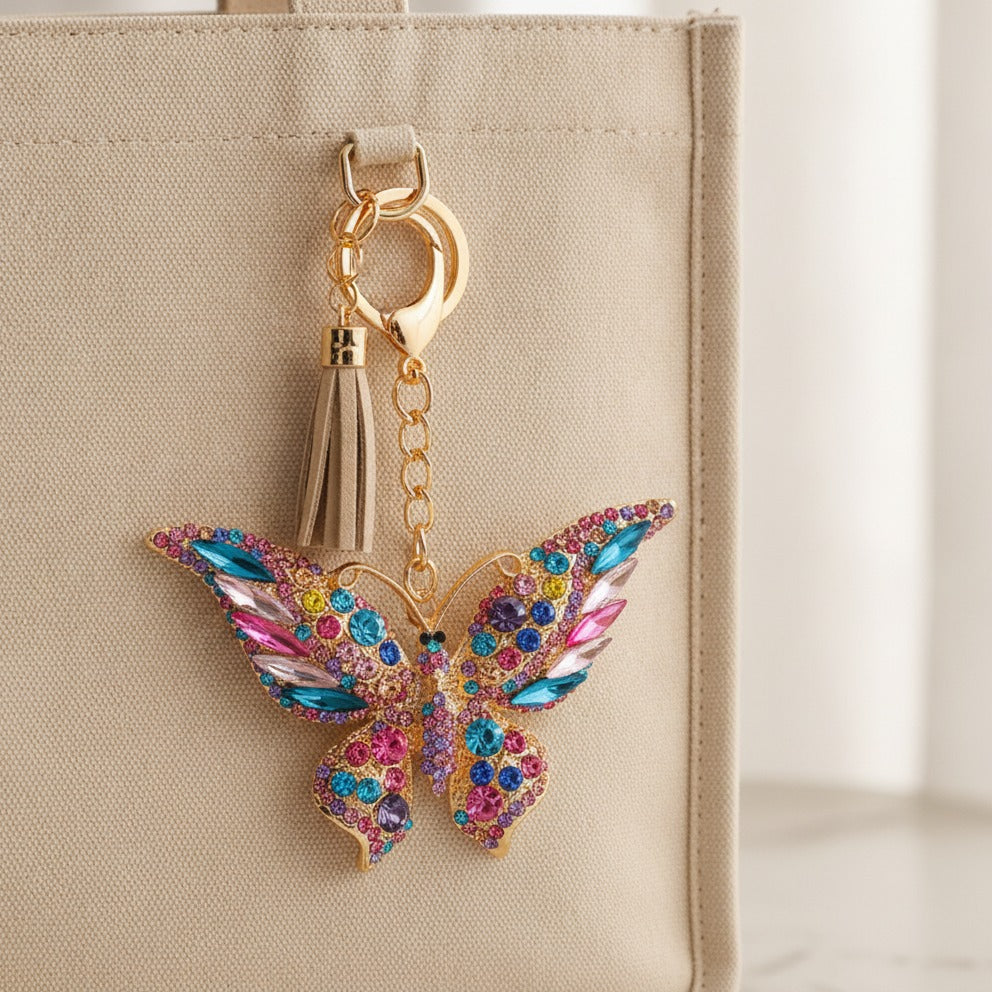 Sparkly Butterfly Charm Keychain - Rainbow
