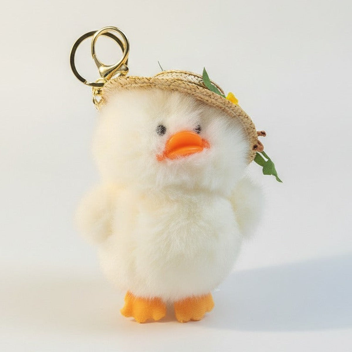Adorable Fluffy Duck Keyring with Straw Hat – novelty & toys (view 1)