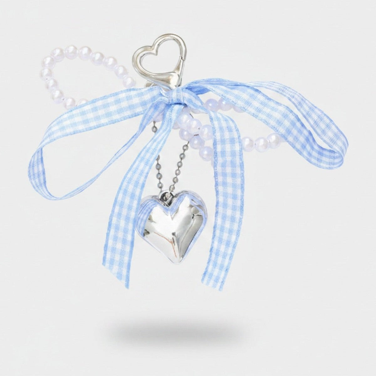 Blue Gingham Heart Pearl Beaded Keyring Charm – novelty & toys (view 1)