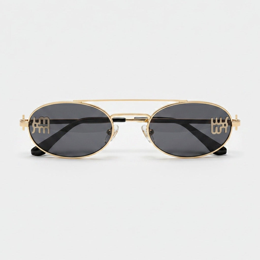 Oval Sunglasses With Geometric Temple Details - Gold Frame Black Gray Lens – eyewear (view 1)