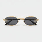 Oval Sunglasses With Geometric Temple Details - Gold Frame Black Gray Lens – eyewear (view 1)