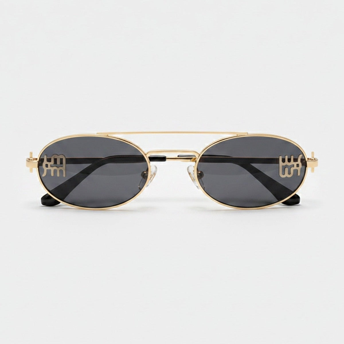 Oval Sunglasses With Geometric Temple Details - Gold Frame Black Gray Lens – eyewear (view 1)