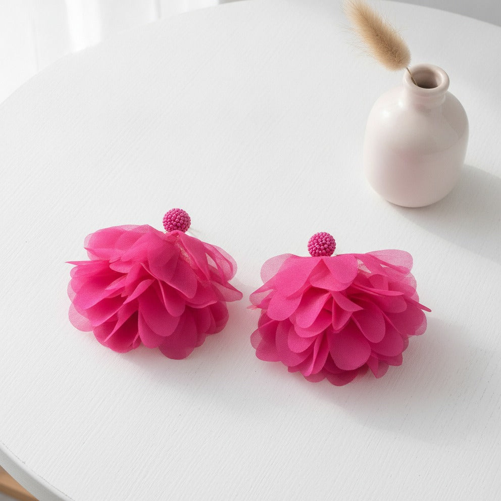 Pom Pom Petal Drop Earrings - Hot Pink