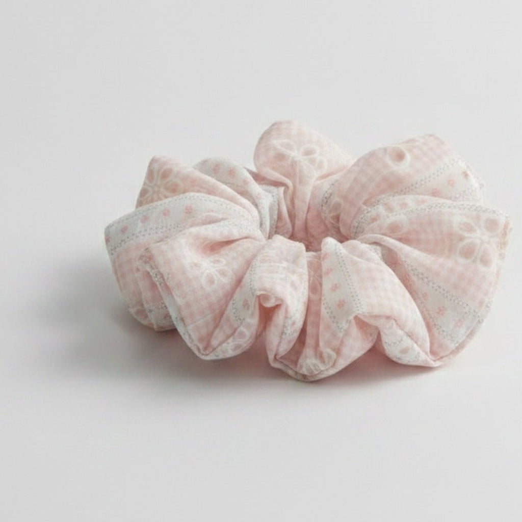 Pink Gingham Floral Embroidered Bow Scrunchie – hair accessories (view 1)