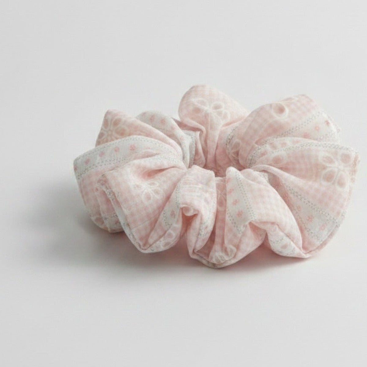 Pink Gingham Floral Embroidered Bow Scrunchie – hair accessories (view 1)