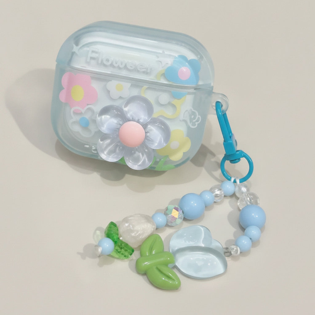3D Flower AirPods Case with Beaded Charm - Blue Floral (for AirPods 4)