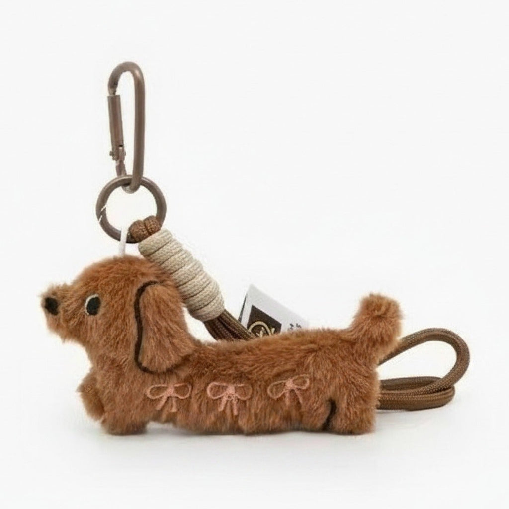 Fluffy Brown Dachshund Keychain With Bow Charms – novelty & toys (view 1)