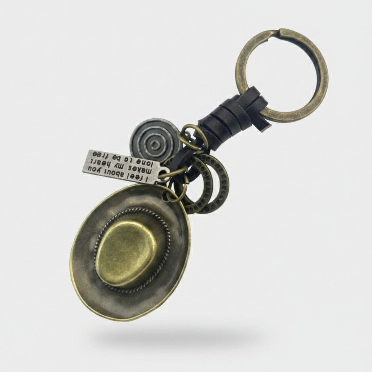 Vintage Brass Oval Charm Keyring With Black Leather Wrap – novelty & toys (view 1)