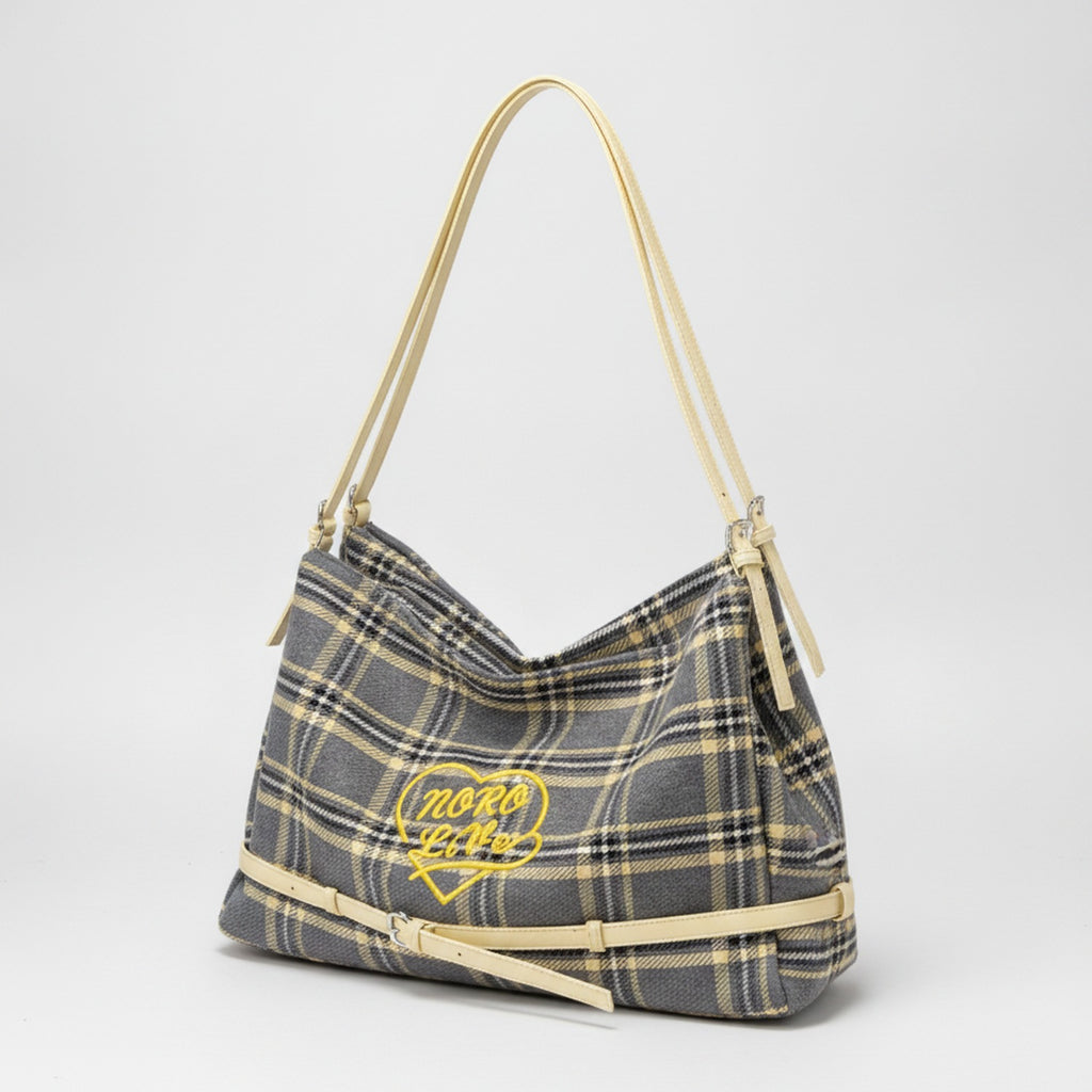 Plaid Shoulder Tote with Logo - Gray & Gold Plaid