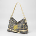 Plaid Shoulder Tote with Logo - Gray & Gold Plaid