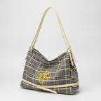 Plaid Shoulder Tote with Logo - Gray & Gold Plaid