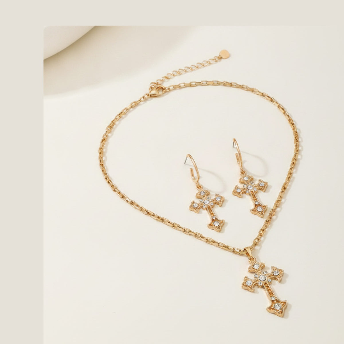 Gold Cross Rhinestone Pendant Necklace Earring Set – jewelry