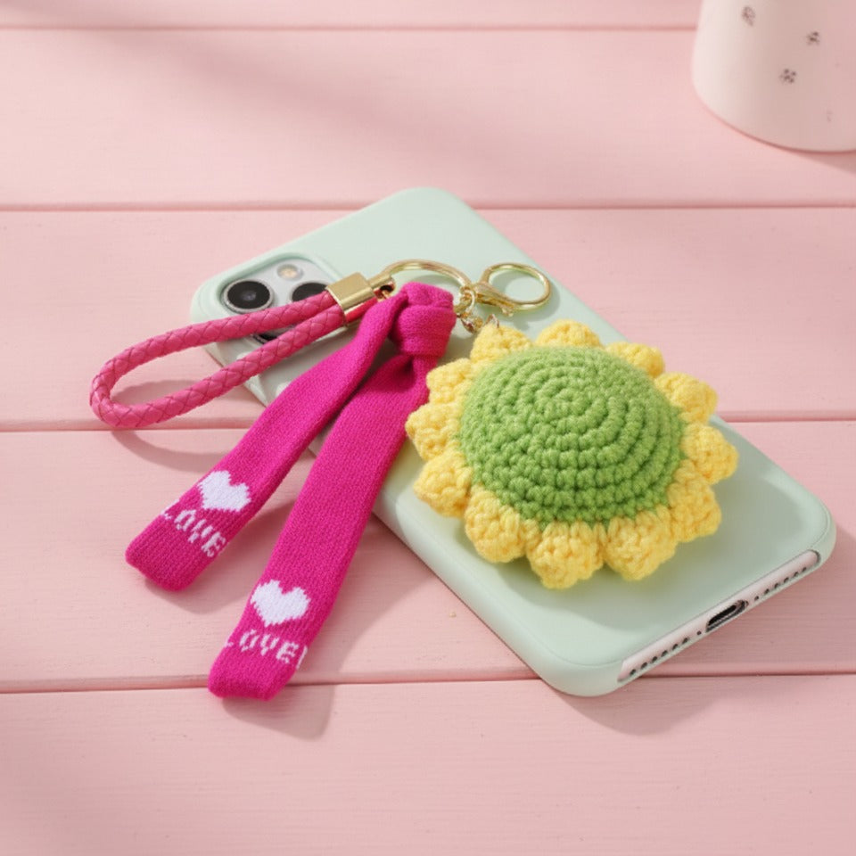 Crochet Sunflower Keychain Charm - Hot Pink