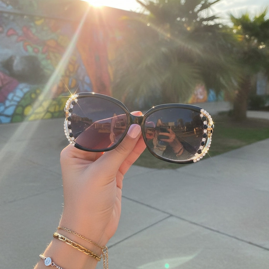 Rhinestone Oval Gradient Sunglasses Black Frame
