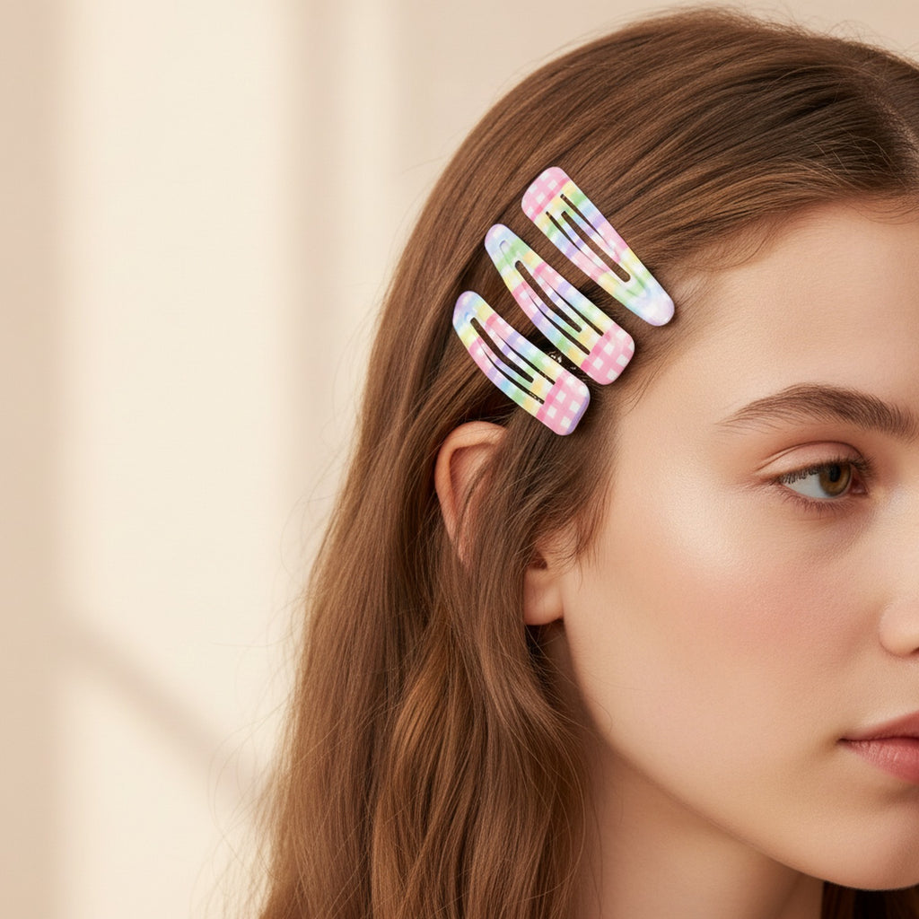 Polka Dot Teardrop Hair Clips Set Rainbow Check