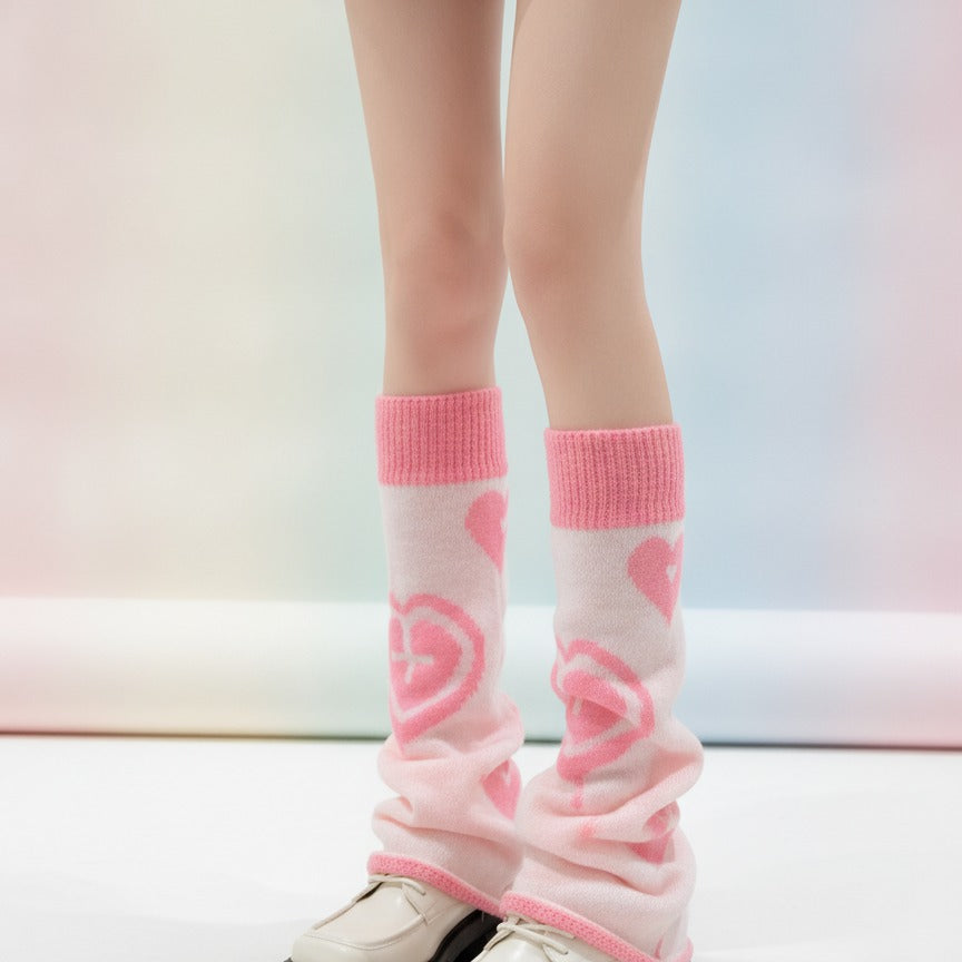 Heart Outline Slouchy Crew Socks - White & Pink