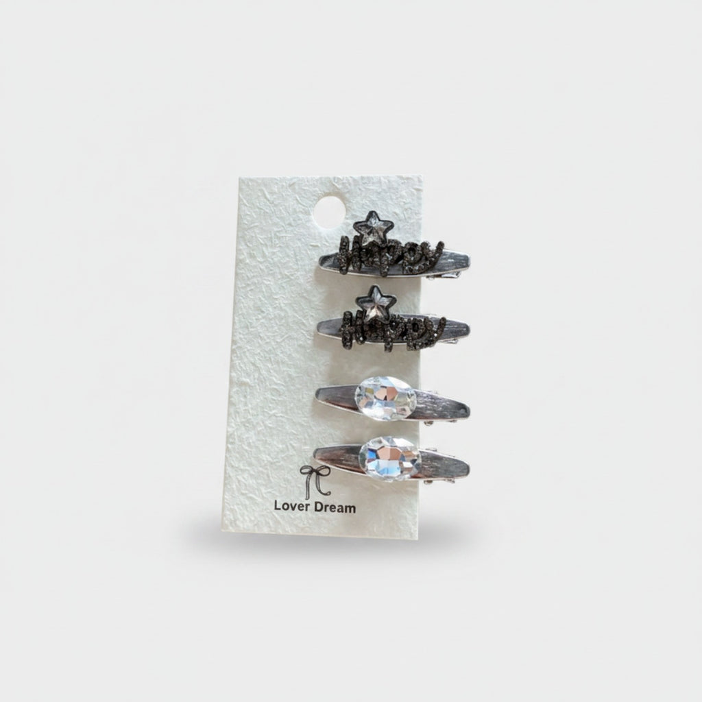 Gemstone Heart Claw Hair Clip Set Black Happy