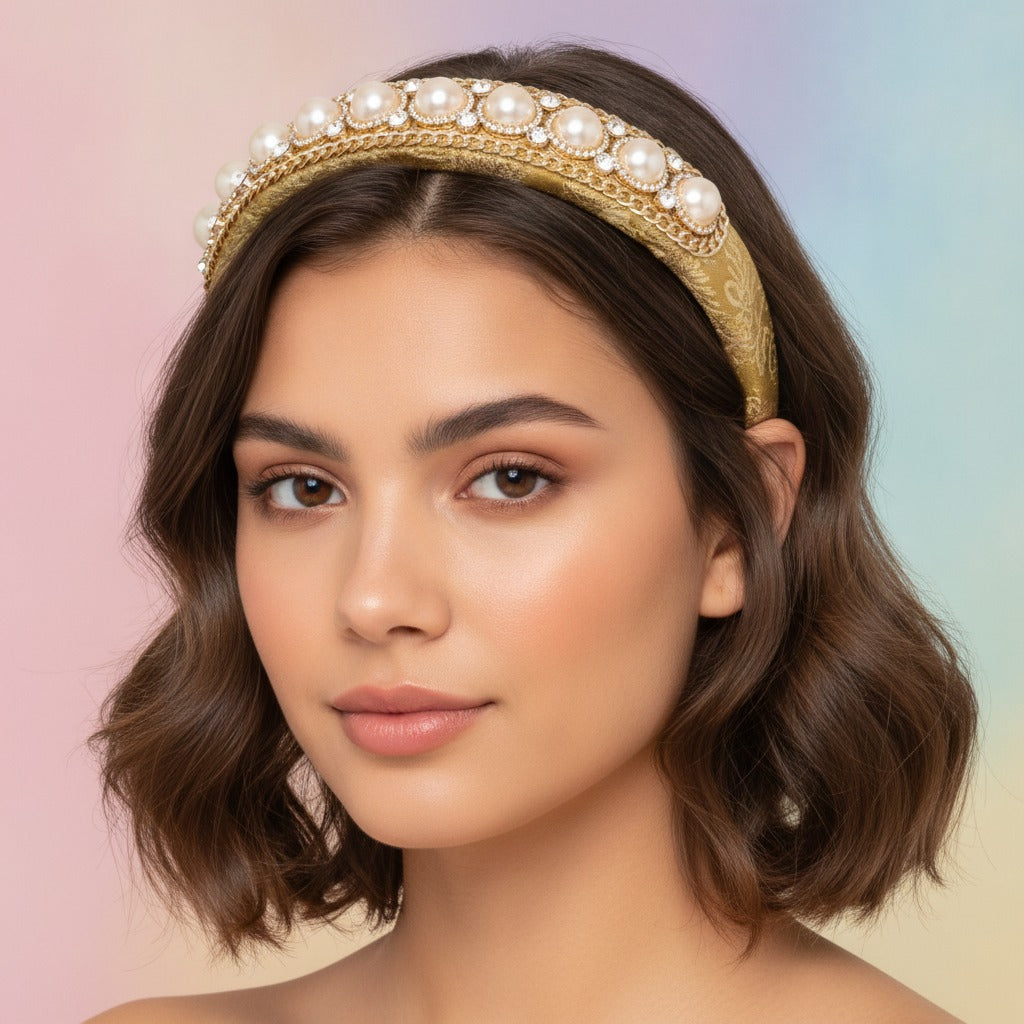 Pearl & Crystal Embellished Headband - Gold