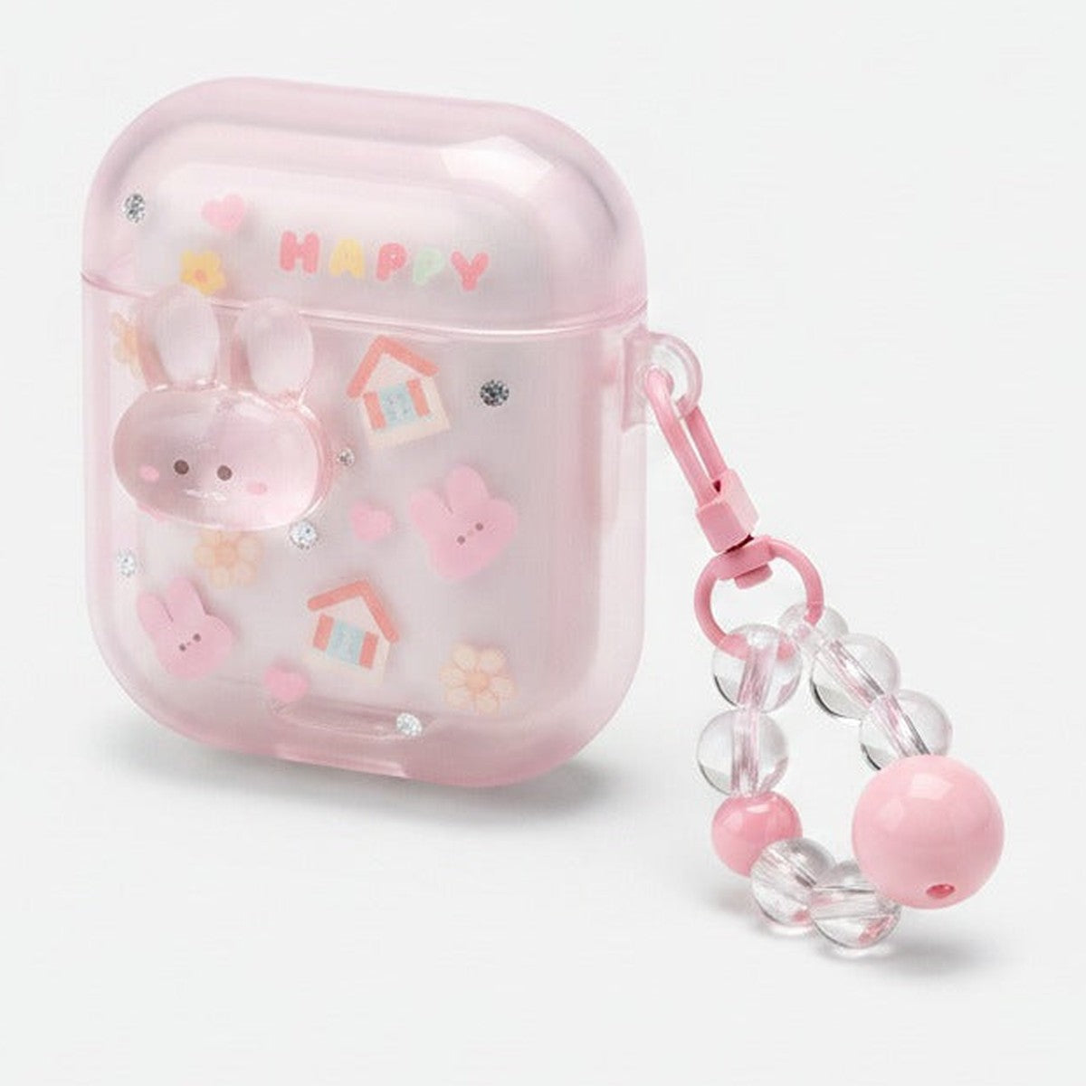 3D Flower AirPods Case with Beaded Charm - Pink Bunny House (for AirPods 3)