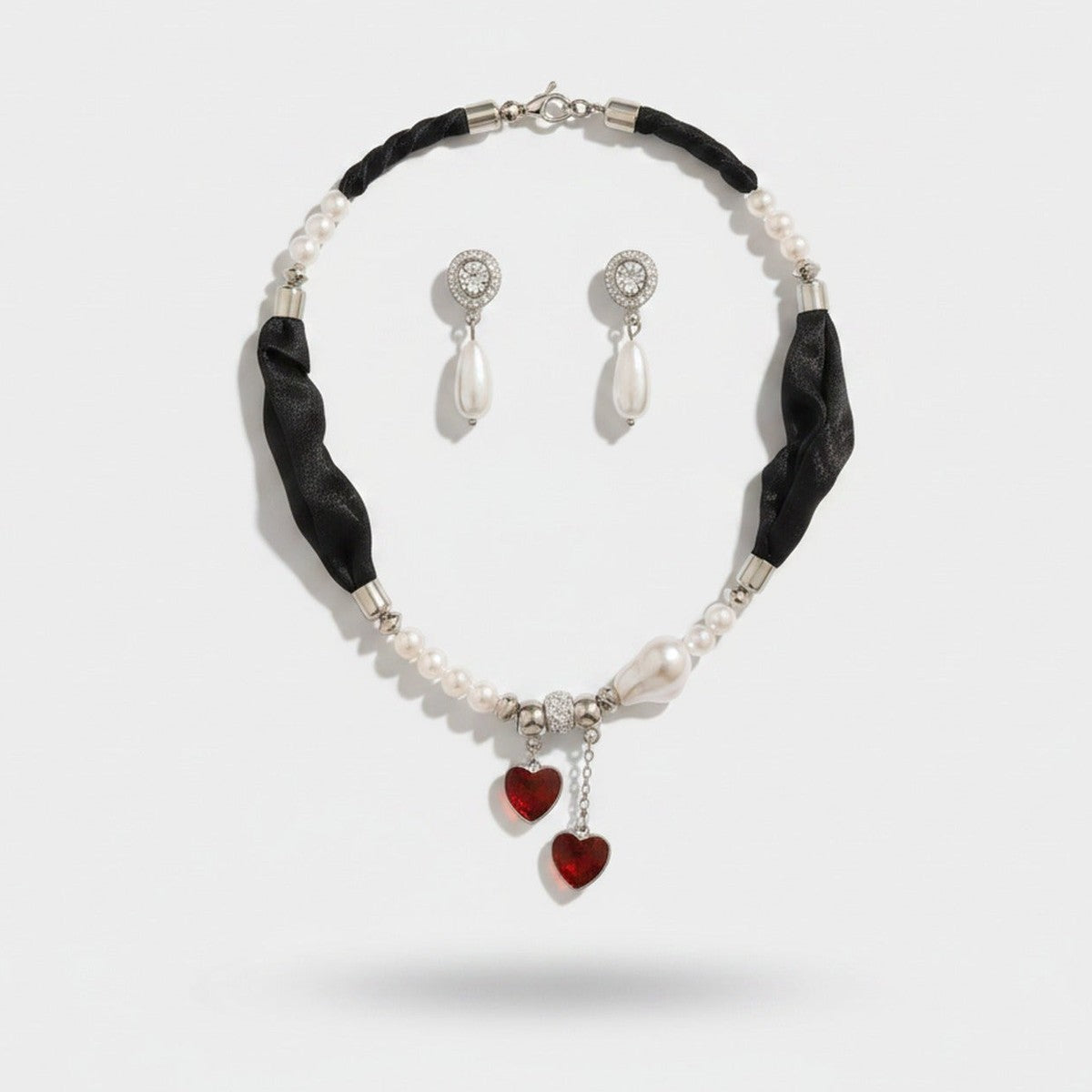 Pearl Heart Charm Necklace & Earring Set – jewelry (view 1)