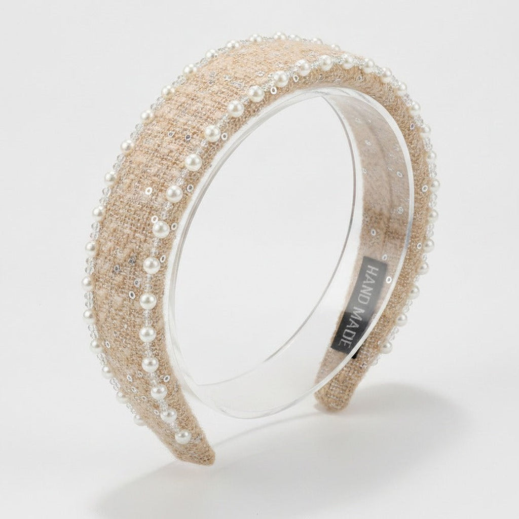 Pearl Embellished Padded Headband - Beige