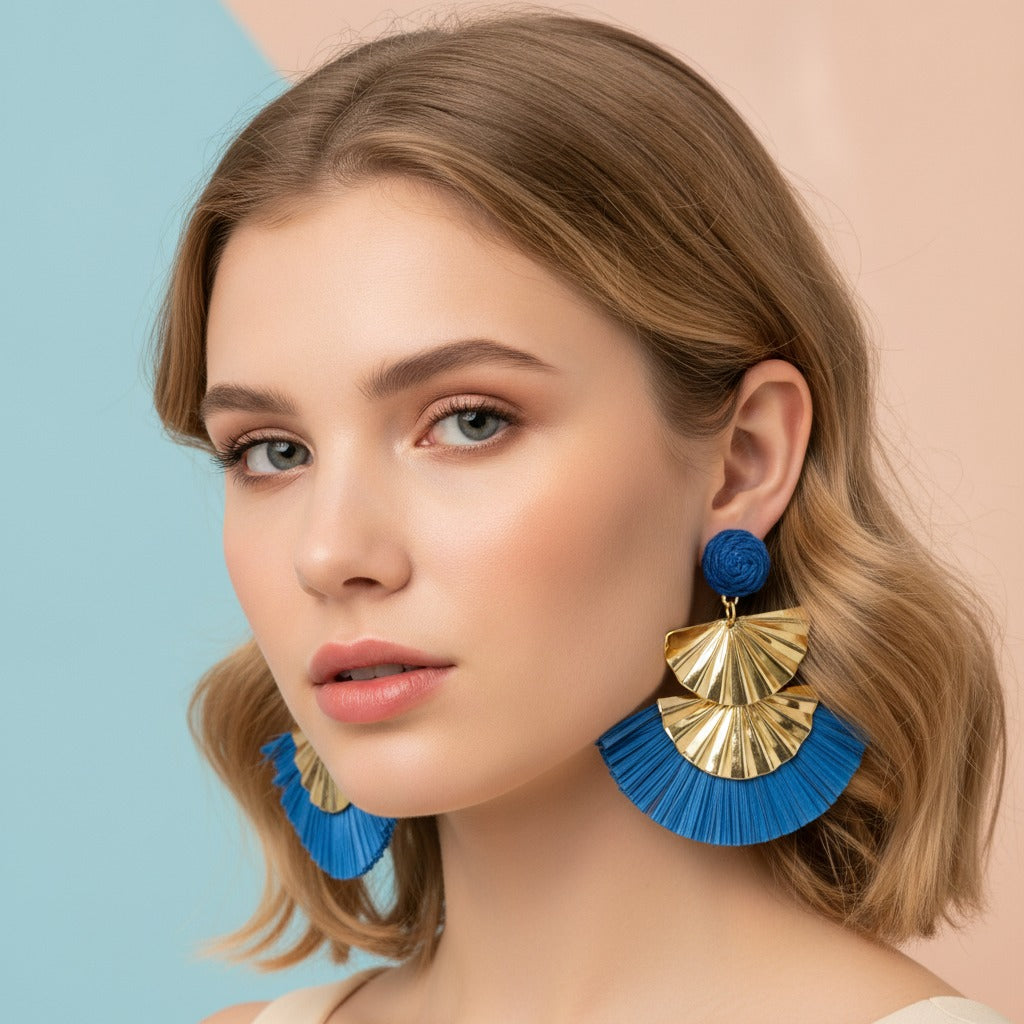 Tiered Tassel Statement Earrings - Cobalt Blue
