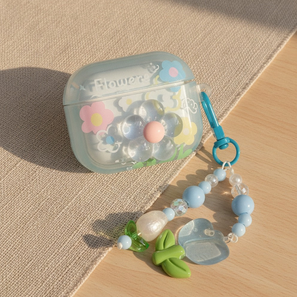 3D Flower AirPods Case with Beaded Charm - Blue Floral (for AirPods Pro 3)