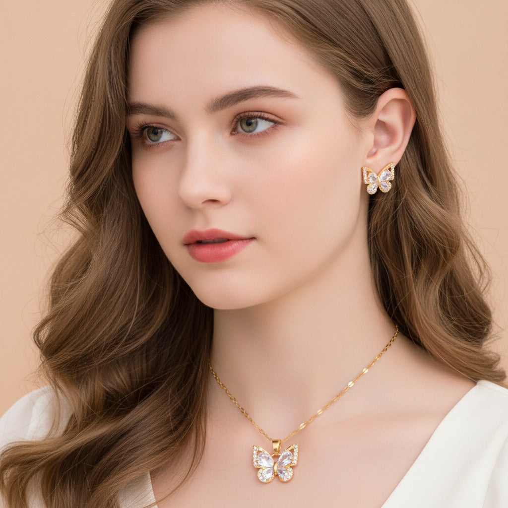 Butterfly Sparkle Necklace & Earring Set - Gold