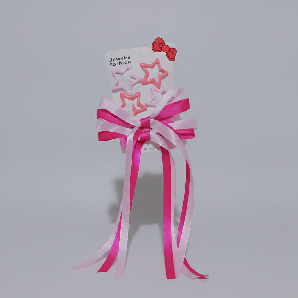 Star & Bow Hair Clip Set Pink & Light Pink