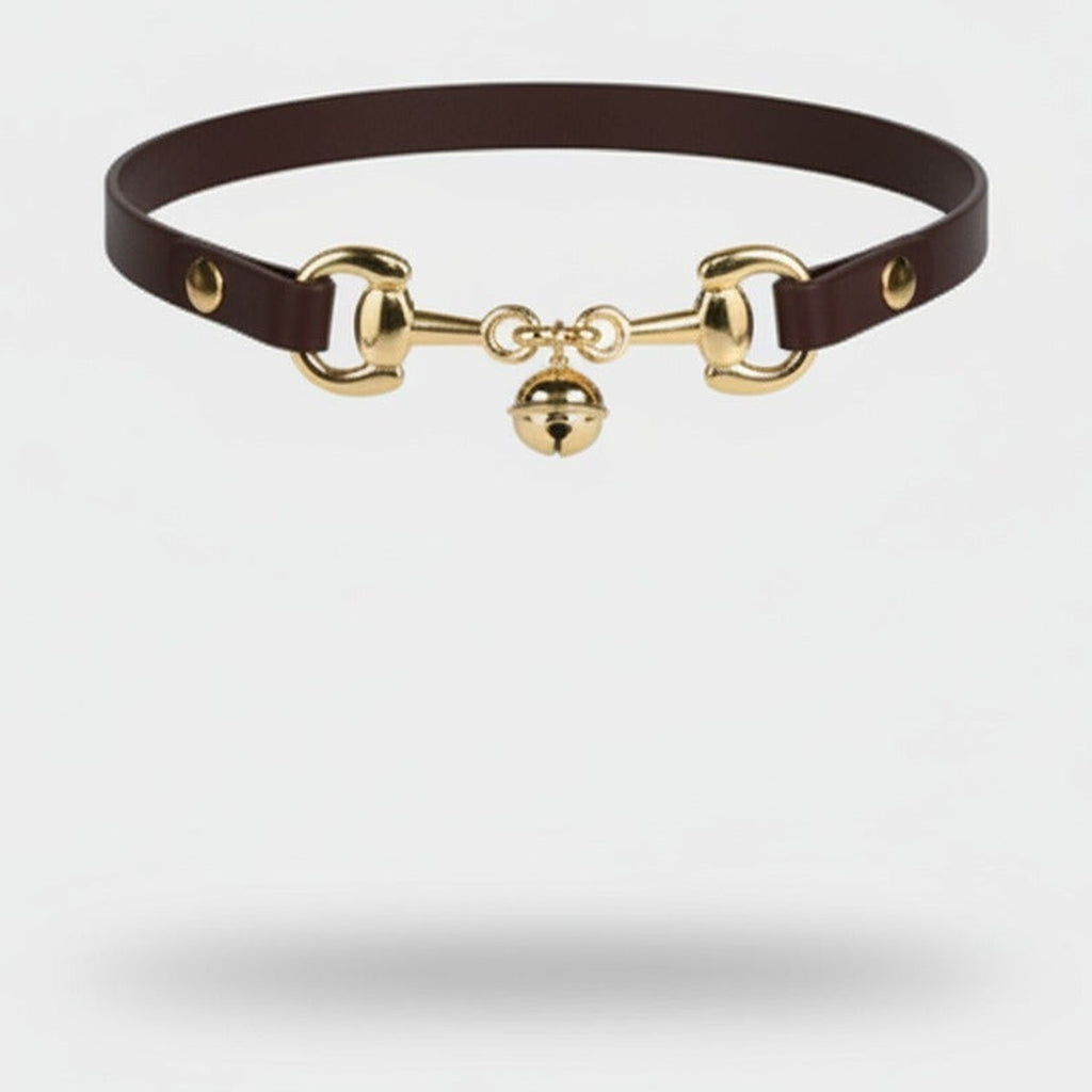 Brown Leather Collar with Gold Snaffle Bit and Bell – jewelry (view 1)