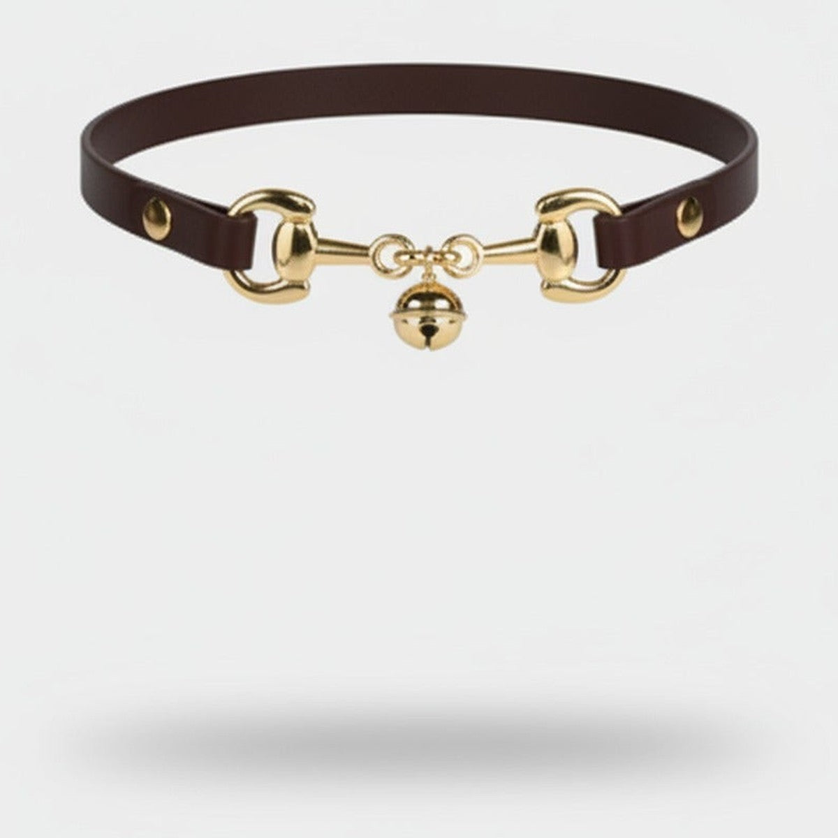 Brown Leather Collar with Gold Snaffle Bit and Bell – jewelry (view 1)