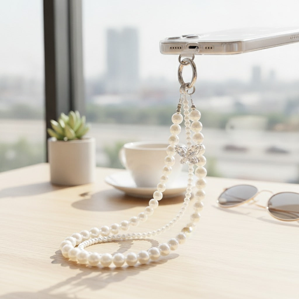Pearl Butterfly Charm Keychain - White Pearl