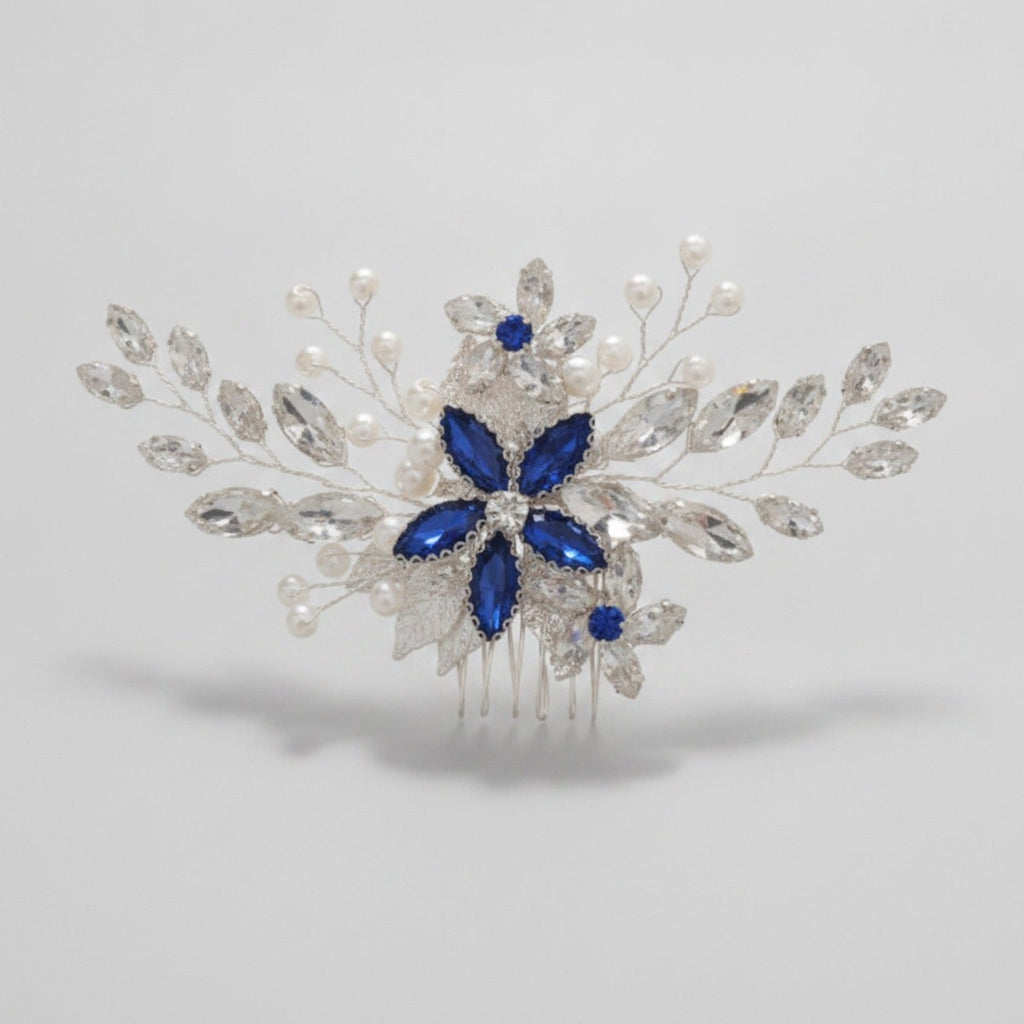 Crystal Floral Hair Comb - Silver Blue Diamond – hair accessories (view 1)