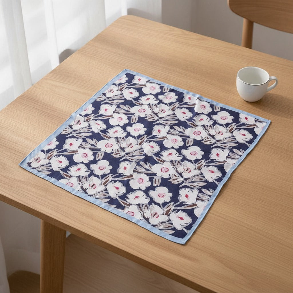 Floral Silk Square Scarf - Navy & Blue