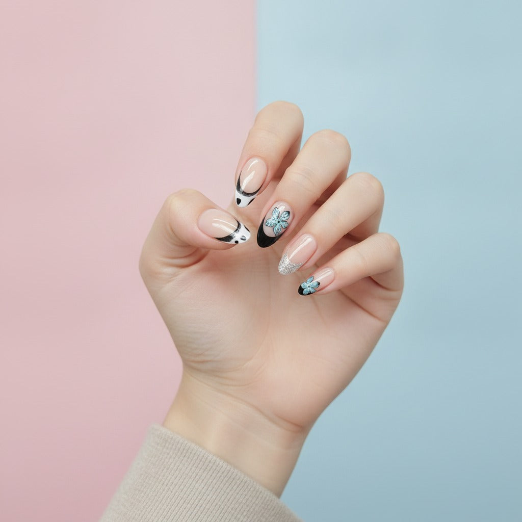 Botanical Press-On Nail Set - Teal Floral Mix