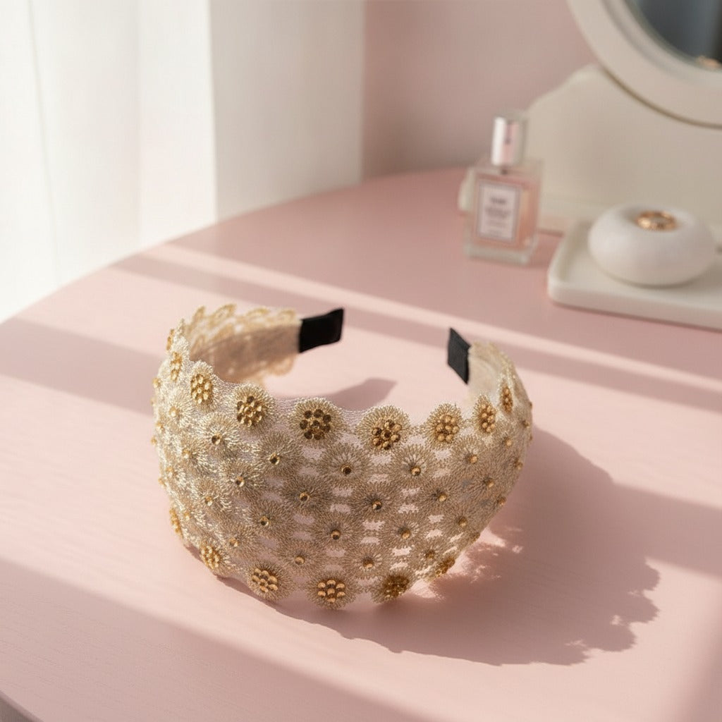 Embellished Daisy Padded Headband - Champagne & Navy