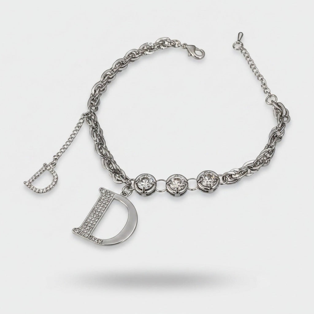 Silver Rhinestone D Charm Chain Bracelet – jewelry (view 1)
