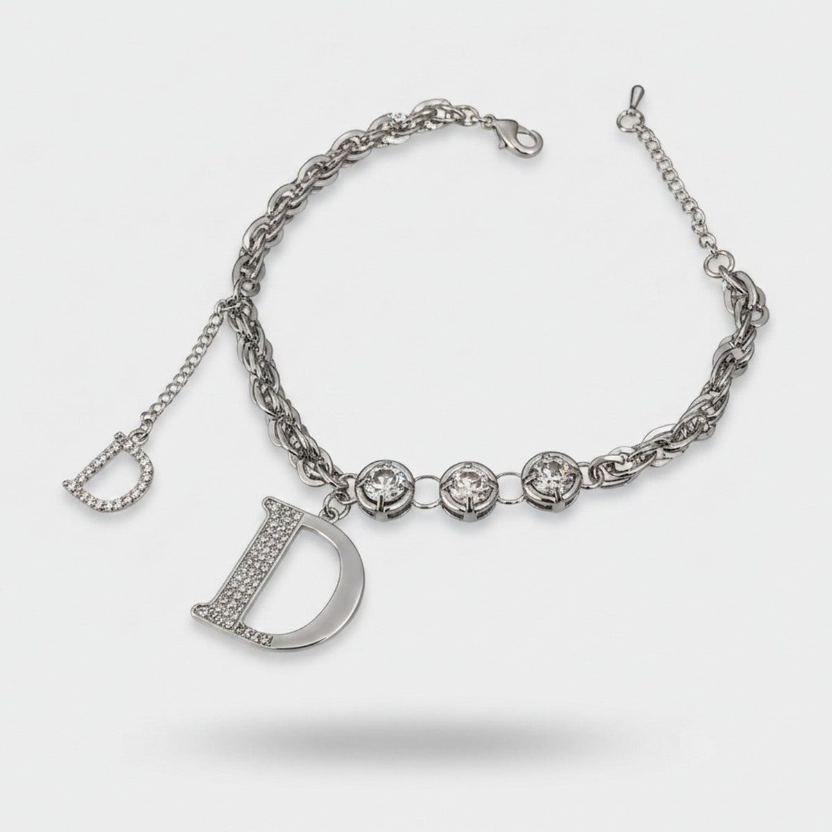 Silver Rhinestone D Charm Chain Bracelet – jewelry (view 1)