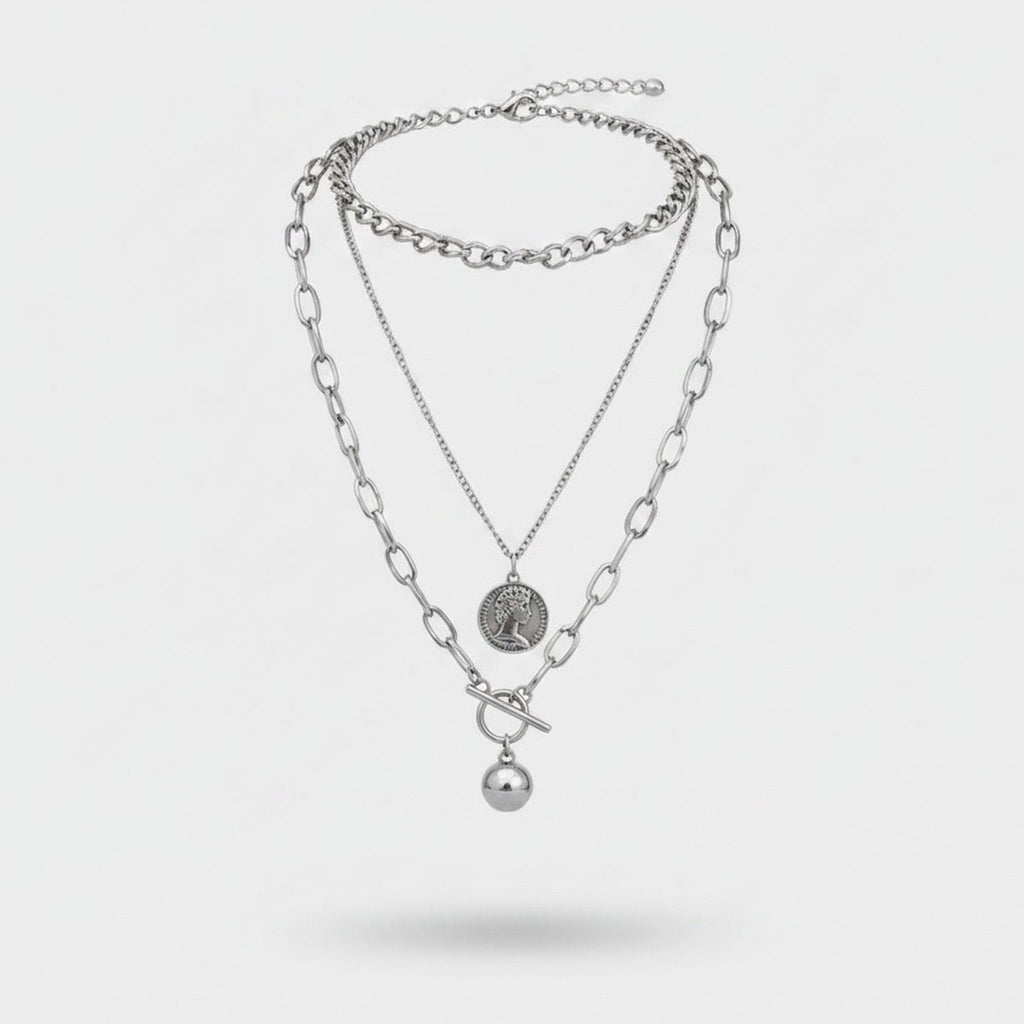 Silver Layered Chain Necklace With Coin Pendant – jewelry (view 1)