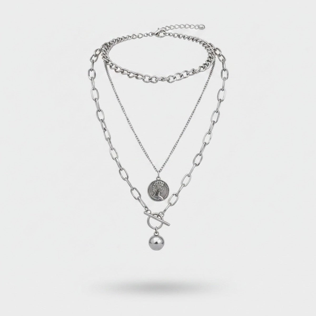 Silver Layered Chain Necklace With Coin Pendant – jewelry (view 1)