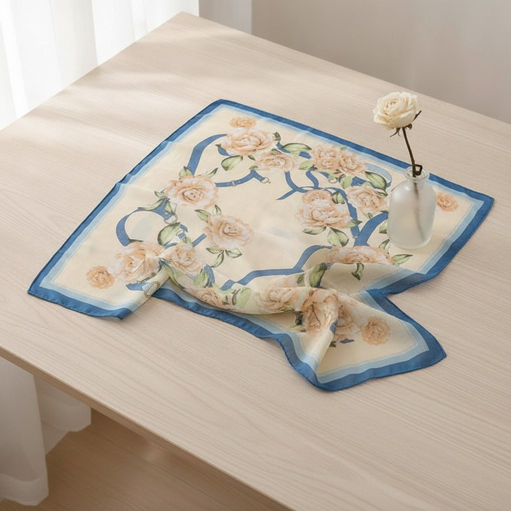 Floral Ribbon Square Scarf - Cream & Blue