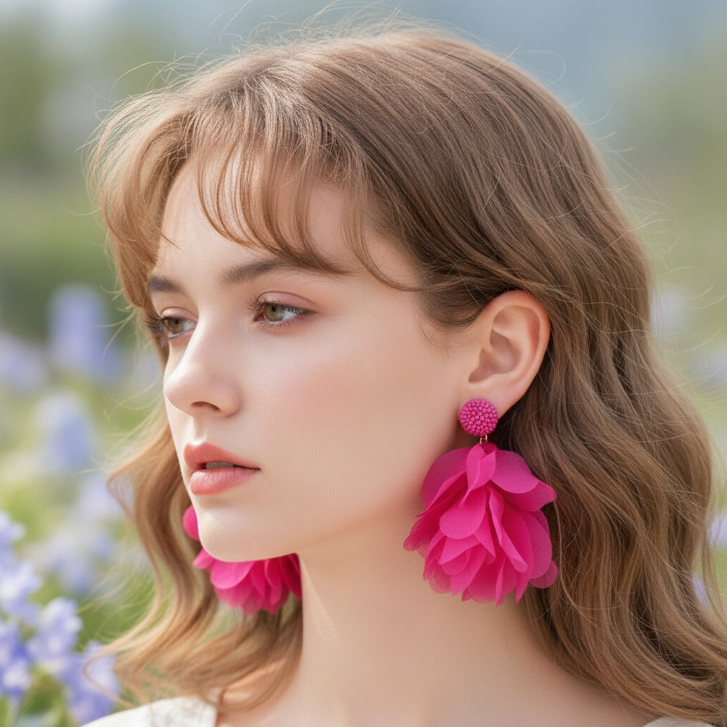 Pom Pom Petal Drop Earrings - Hot Pink