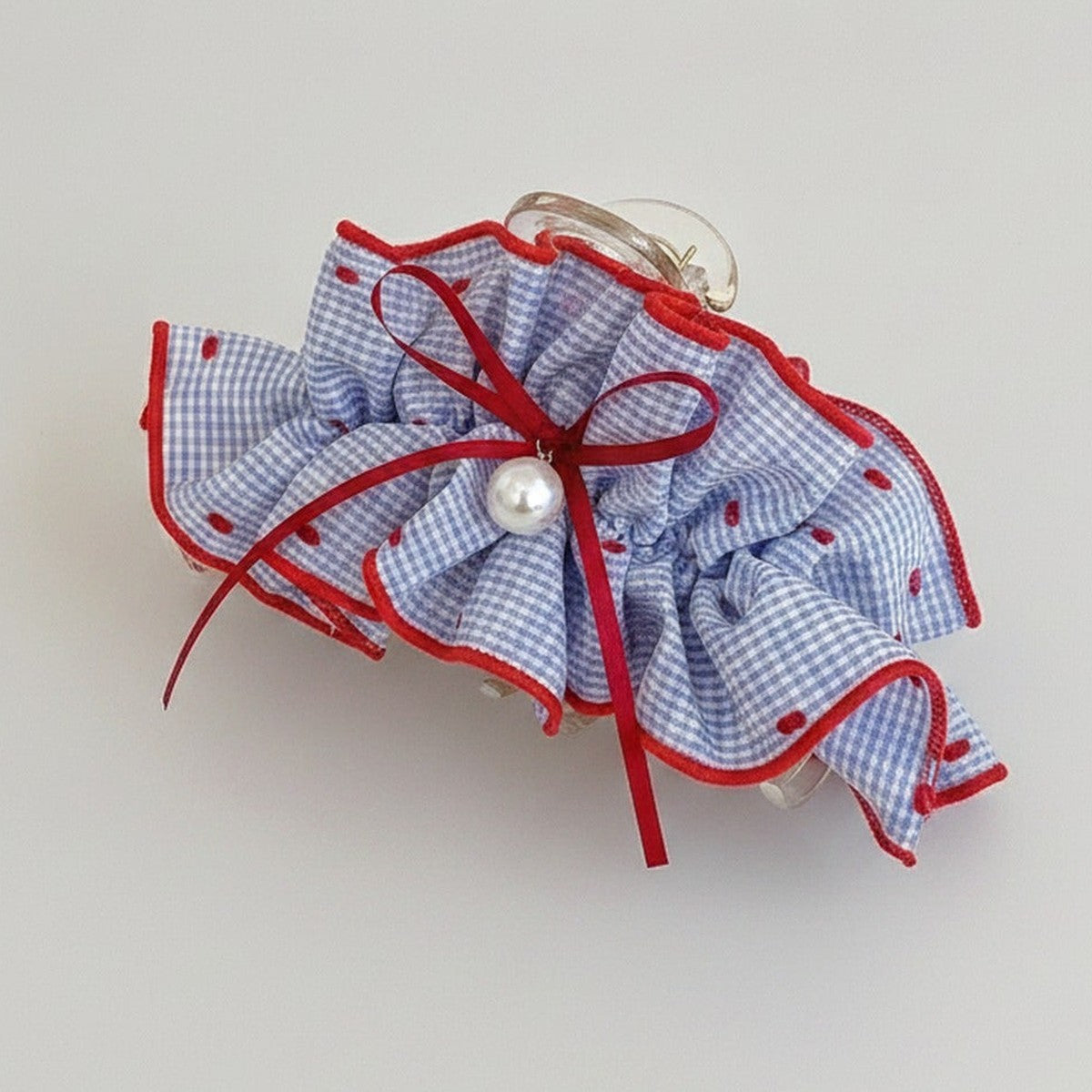 Red Gingham Ruffle Hair Claw With Pearl – hair accessories (view 1)