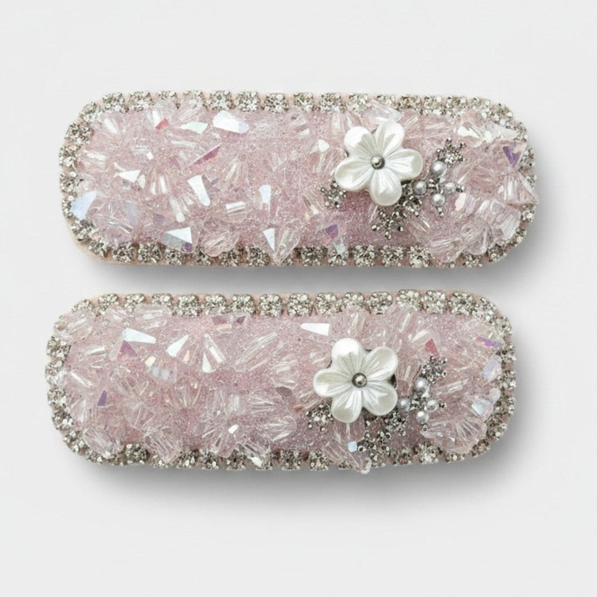 Pink Iridescent Crystal Hair Clips With Flower Charms – hair accessories (view 1)