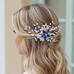 Crystal Floral Hair Comb Silver Blue Diamond