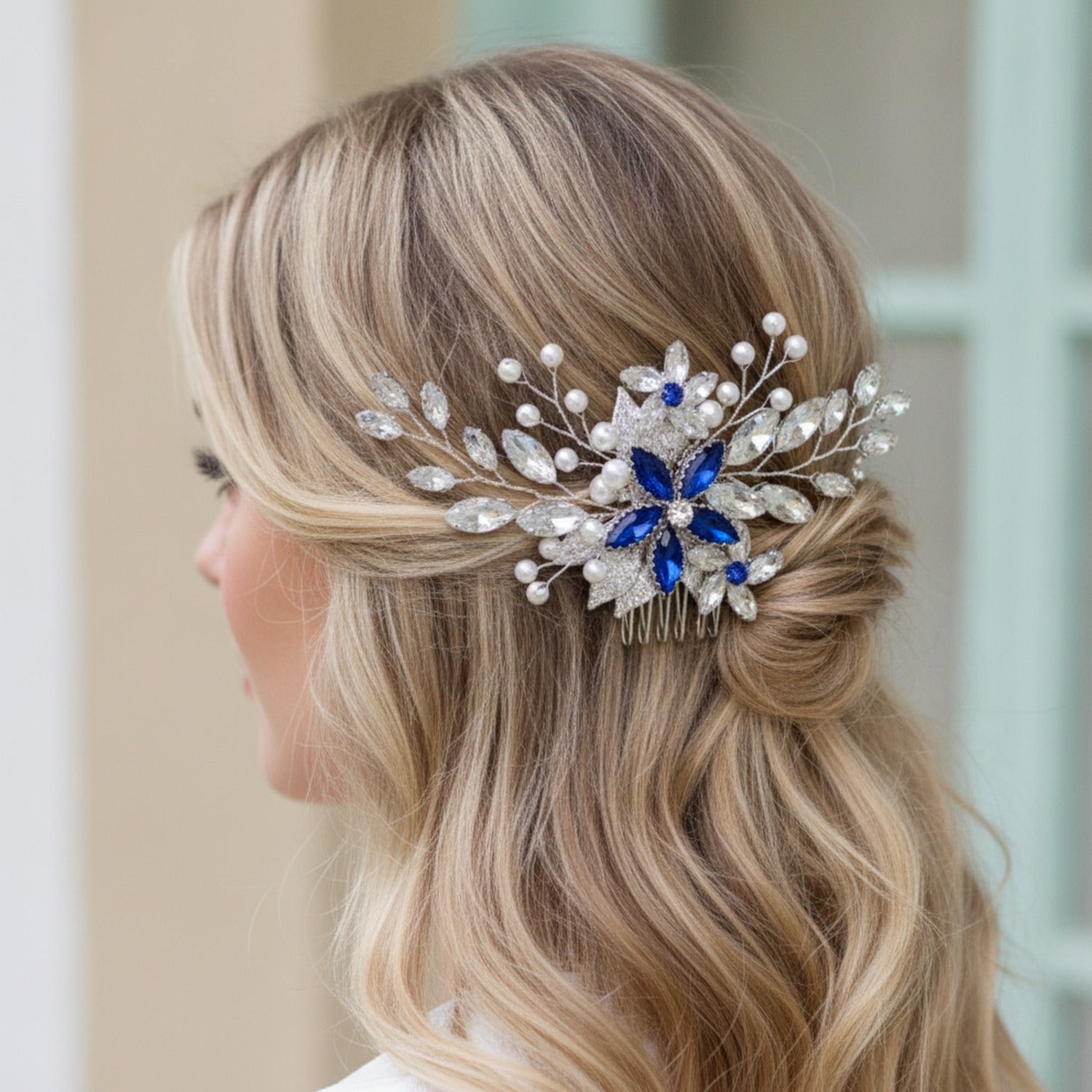 Crystal Floral Hair Comb Silver Blue Diamond